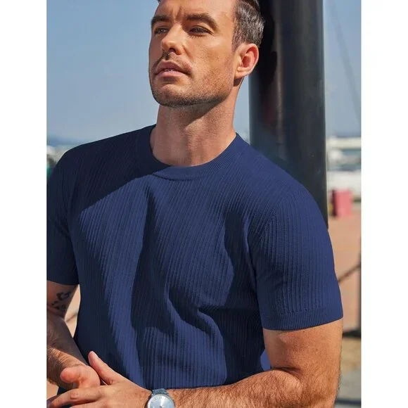 Men's Navy Blue Short Sleeve Knit Casual Crewneck Ribbed Dress Tee T-Shirts - Picture 4 of 6